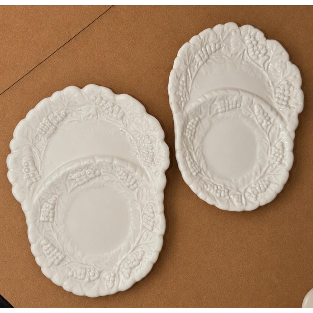 Deruta Italy White Ceramic Divided Snack Plate Set Grape Leaf Embossed 10.5” VTG